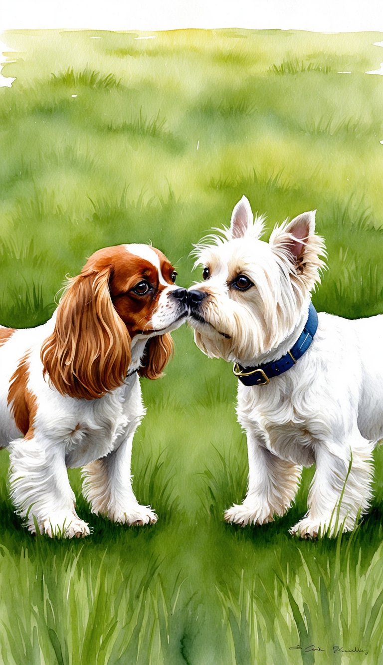 Two small dogs face off in a grassy field, the Cavalier King Charles Spaniel and the West Highland White Terrier. Their tails are up, and they lock eyes in a playful yet determined manner