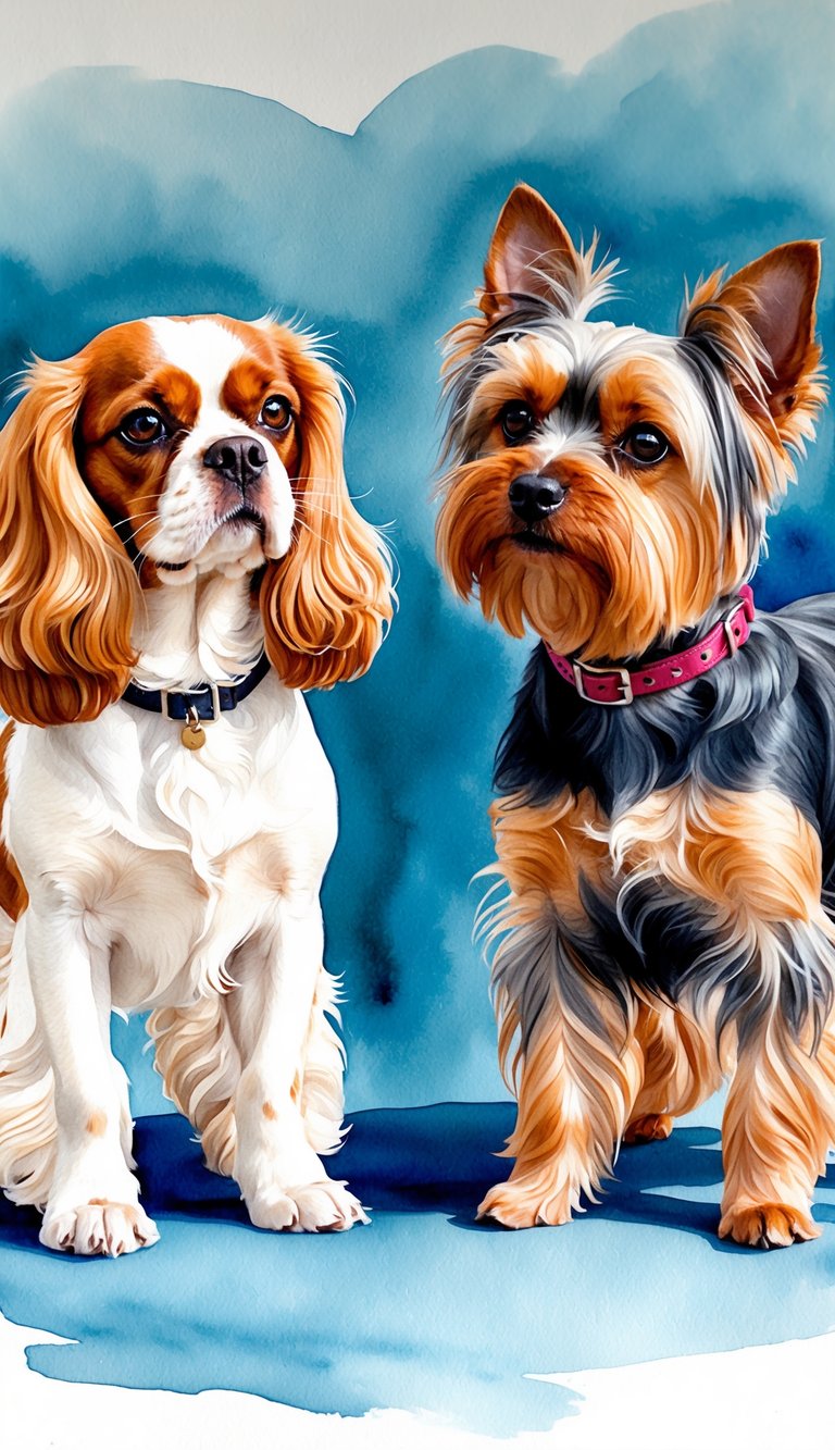 A Cavalier King Charles Spaniel and a Yorkshire Terrier standing side by side, facing each other with alert and curious expressions