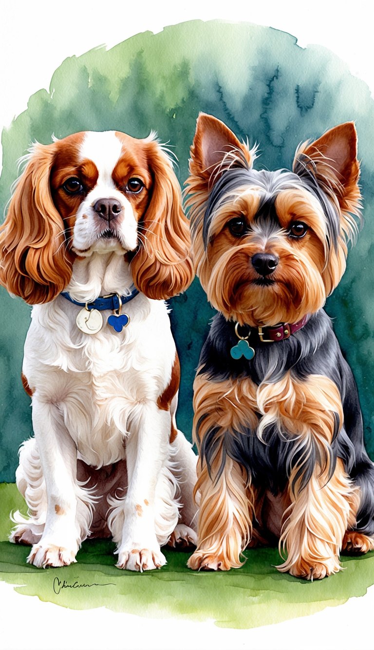 A Cavalier King Charles Spaniel and Yorkshire Terrier stand side by side, showcasing their distinct physical characteristics