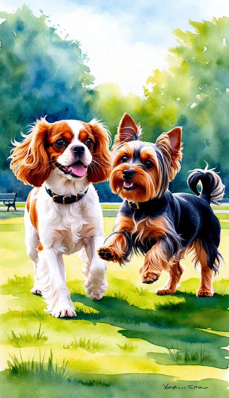 A Cavalier King Charles Spaniel and Yorkshire Terrier playfully interact in a sun-drenched park, showcasing their distinct temperaments and personalities