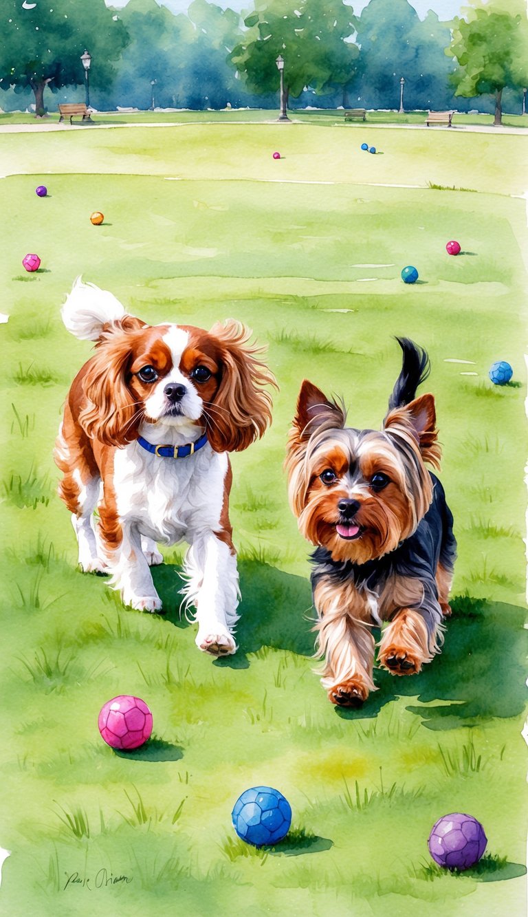 A Cavalier King Charles Spaniel and Yorkshire Terrier playing in a spacious, grassy park with toys scattered around them