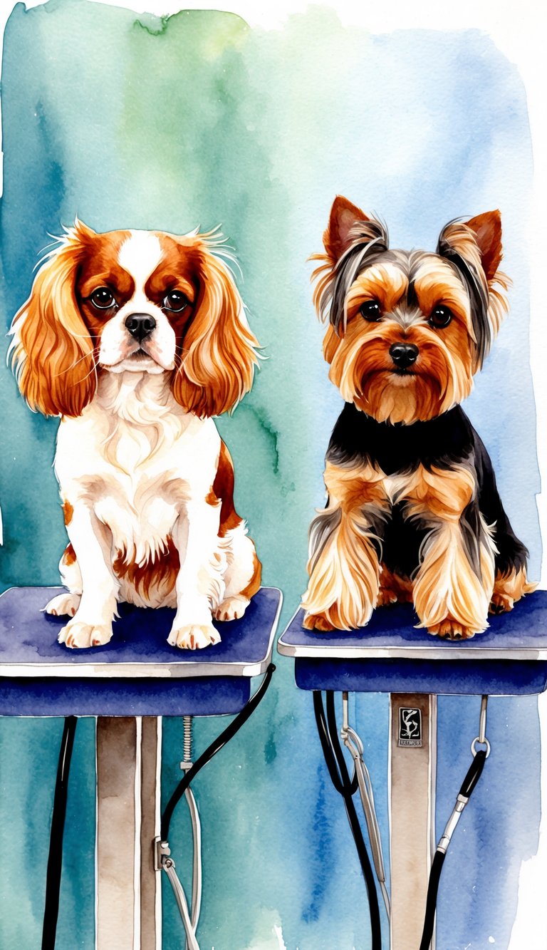 A Cavalier King Charles Spaniel and a Yorkshire Terrier being groomed side by side on grooming tables