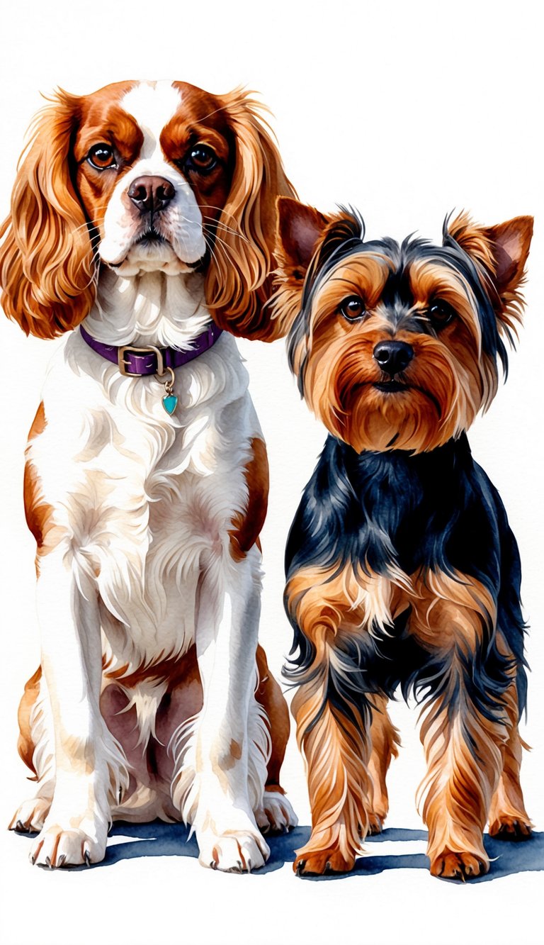 A Cavalier King Charles Spaniel and a Yorkshire Terrier stand side by side, showcasing their distinct features and personalities
