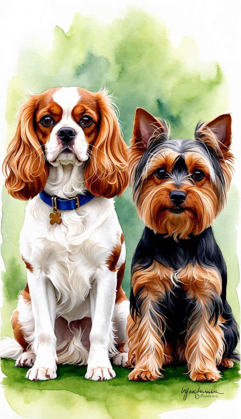 A Cavalier King Charles Spaniel and a Yorkshire Terrier sit side by side, showcasing their intelligence and trainability through obedience and agility exercises