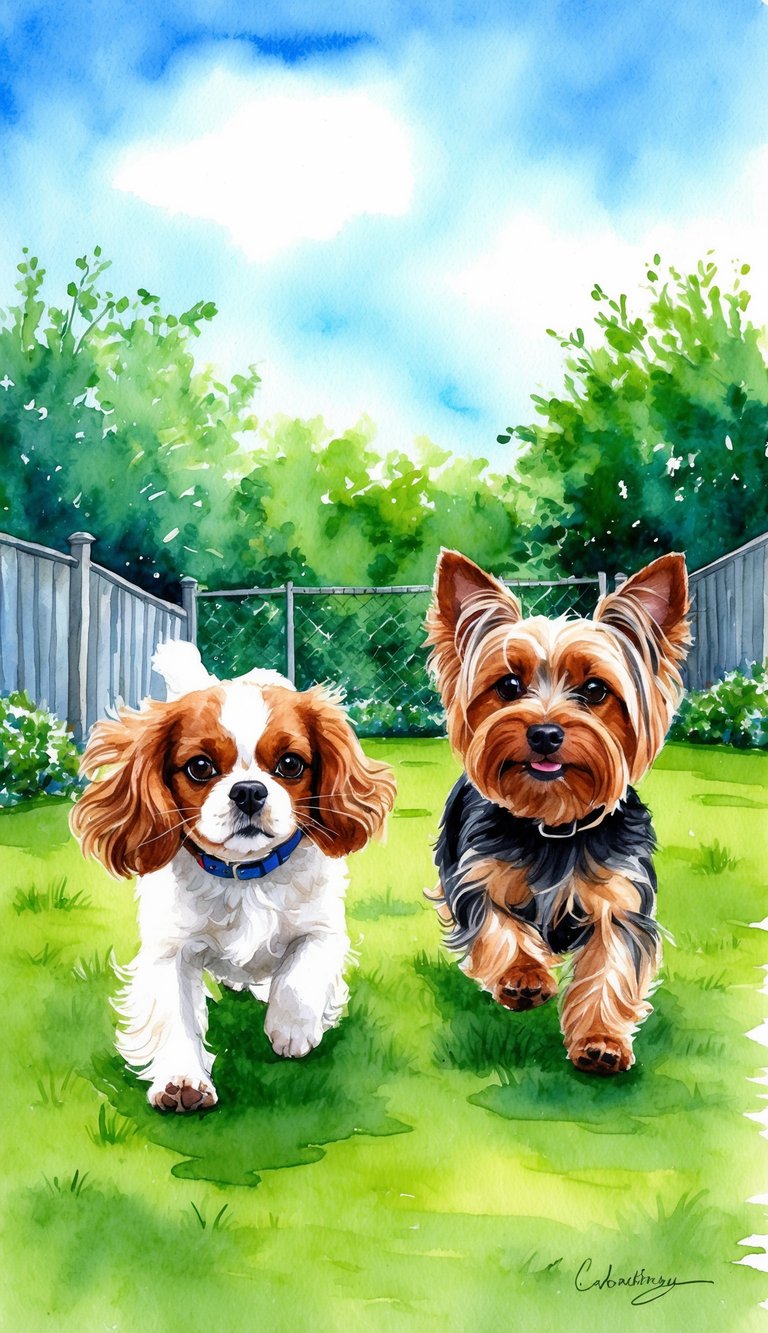 A Cavalier King Charles Spaniel and a Yorkshire Terrier playing in a lush, green backyard, with a bright blue sky and a warm, sunny day