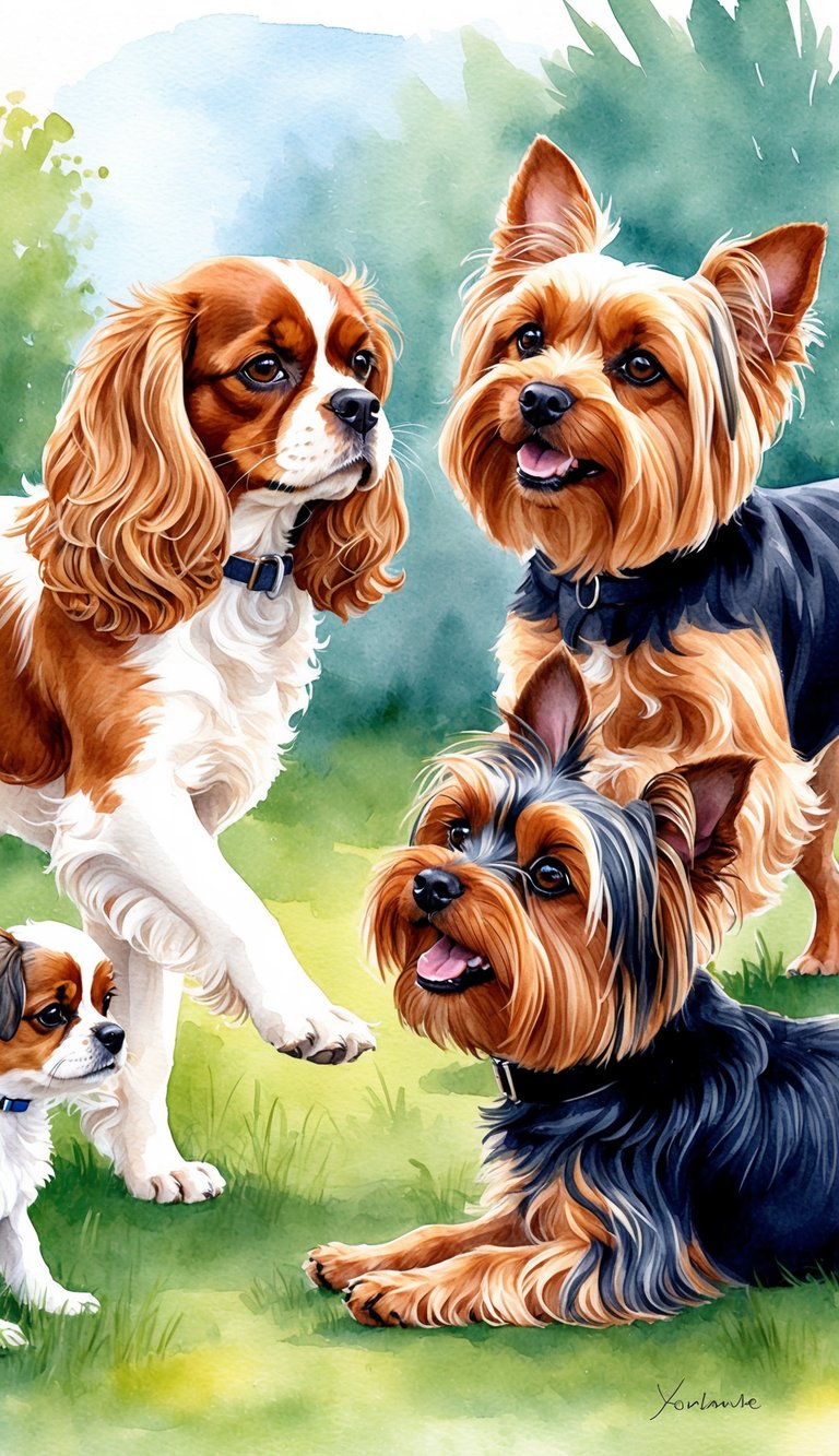 A Cavalier King Charles Spaniel and a Yorkshire Terrier playfully interact in a peaceful and harmonious setting, showcasing their compatibility with other pets