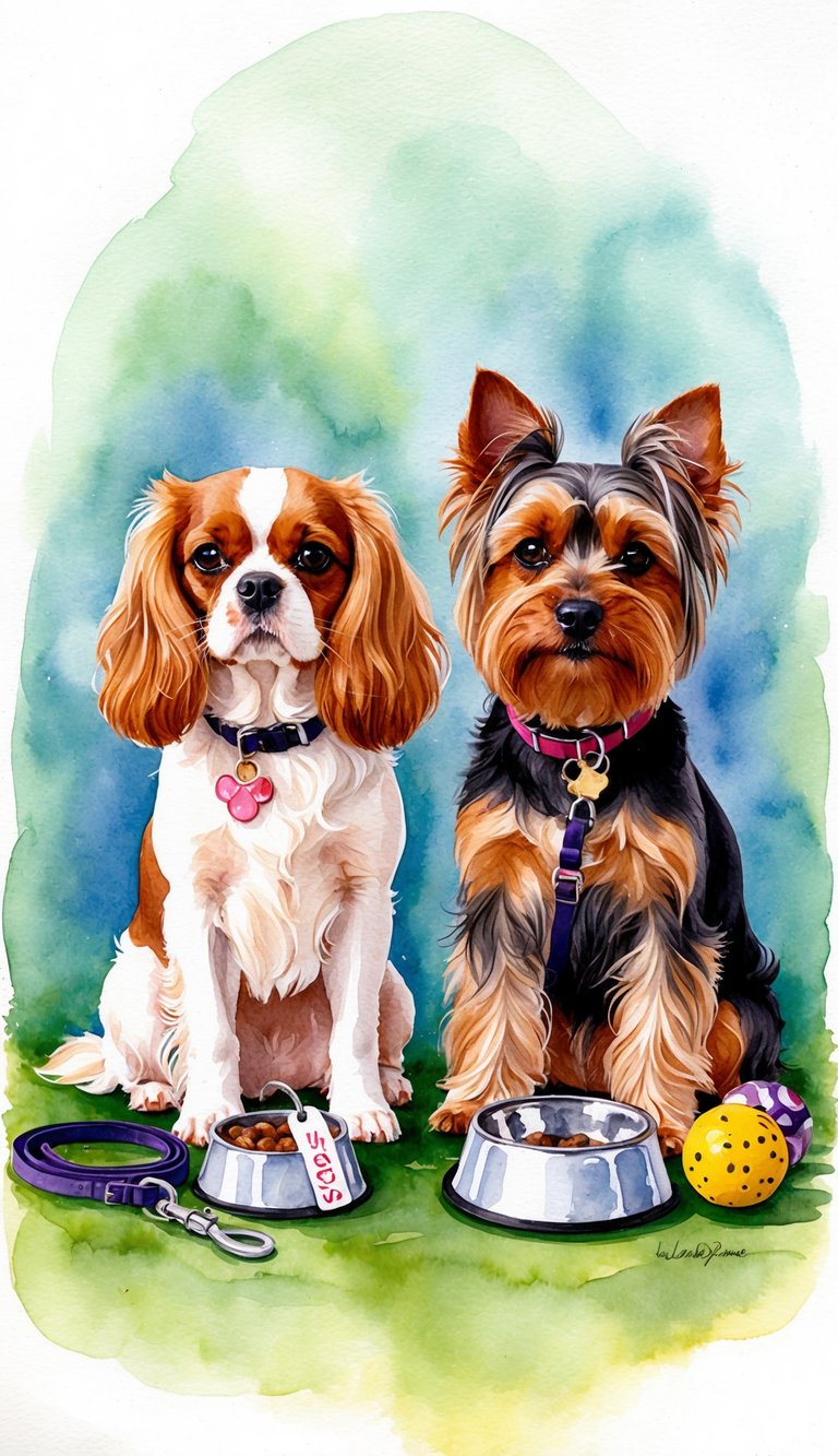 A Cavalier King Charles Spaniel and a Yorkshire Terrier sitting side by side, with a price tag and ownership items (such as food bowls, leashes, and toys) surrounding them