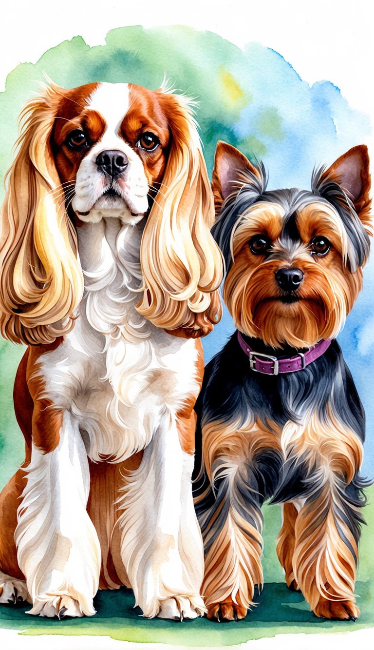 A Cavalier King Charles Spaniel and a Yorkshire Terrier stand side by side, each displaying their unique characteristics. The Spaniel's long, silky fur flows gracefully, while the Terrier's compact frame exudes confidence