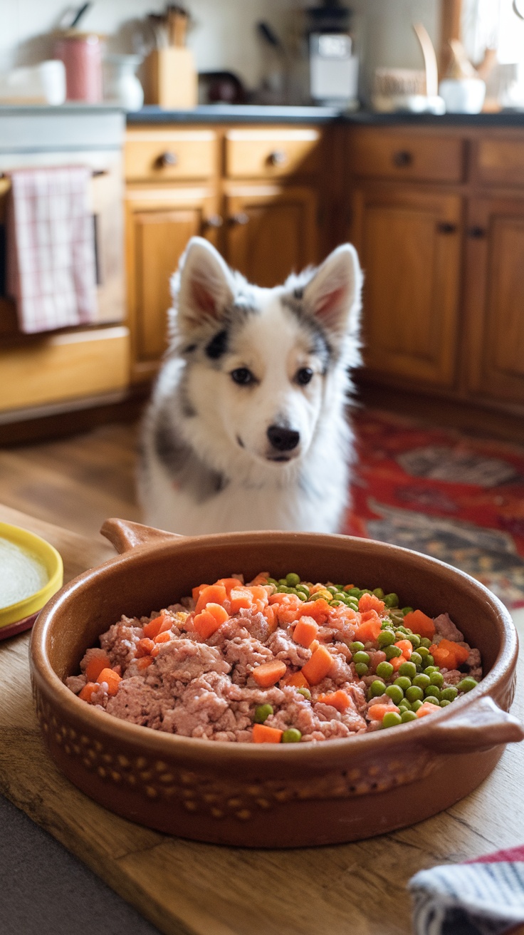 A bowl of nutritious homemade puppy food for an American Eskimo Dog with ground turkey, carrots, and peas.