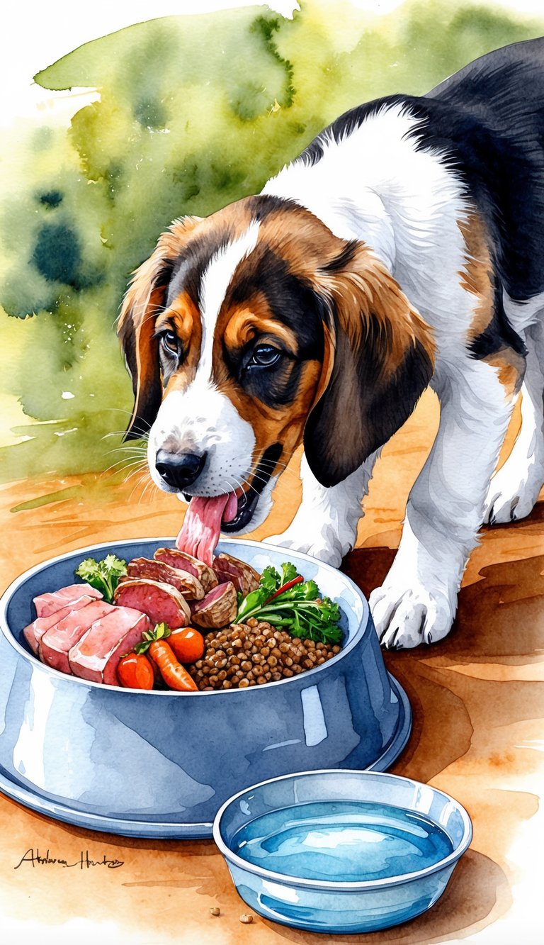 An Afghan Hound puppy eagerly eating from a bowl filled with a balanced mix of fresh meat, vegetables, and grains, with a water bowl nearby