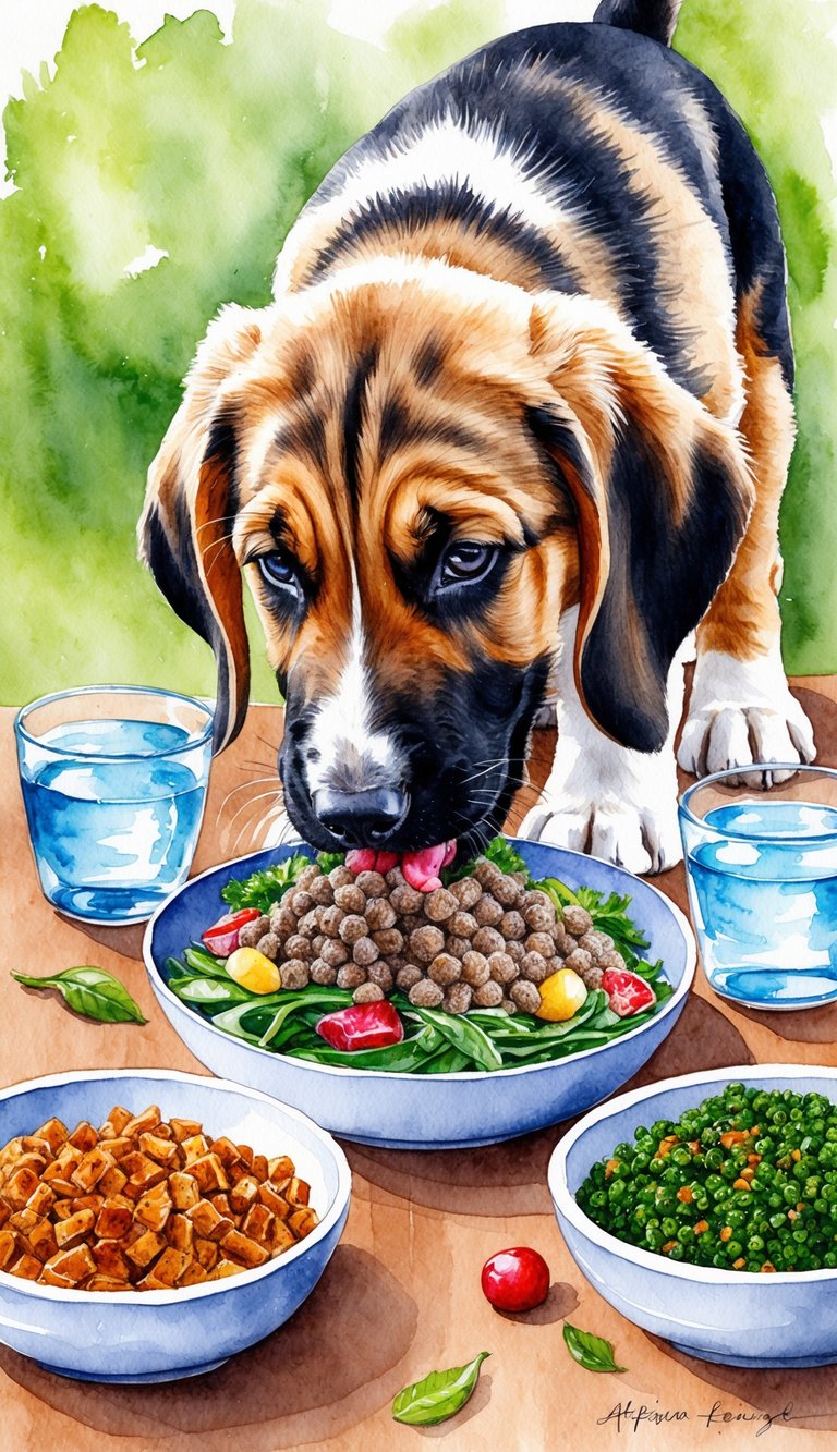An Afghan Hound puppy eagerly eating a balanced meal of fresh, high-quality ingredients, surrounded by bowls of nutrient-rich food and water