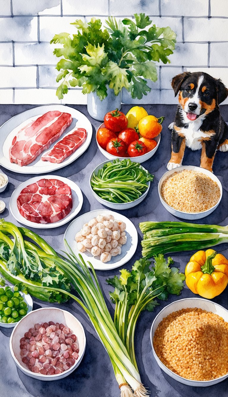 A variety of fresh ingredients laid out on a kitchen counter, including meat, vegetables, and grains, with a puppy eagerly watching from the side