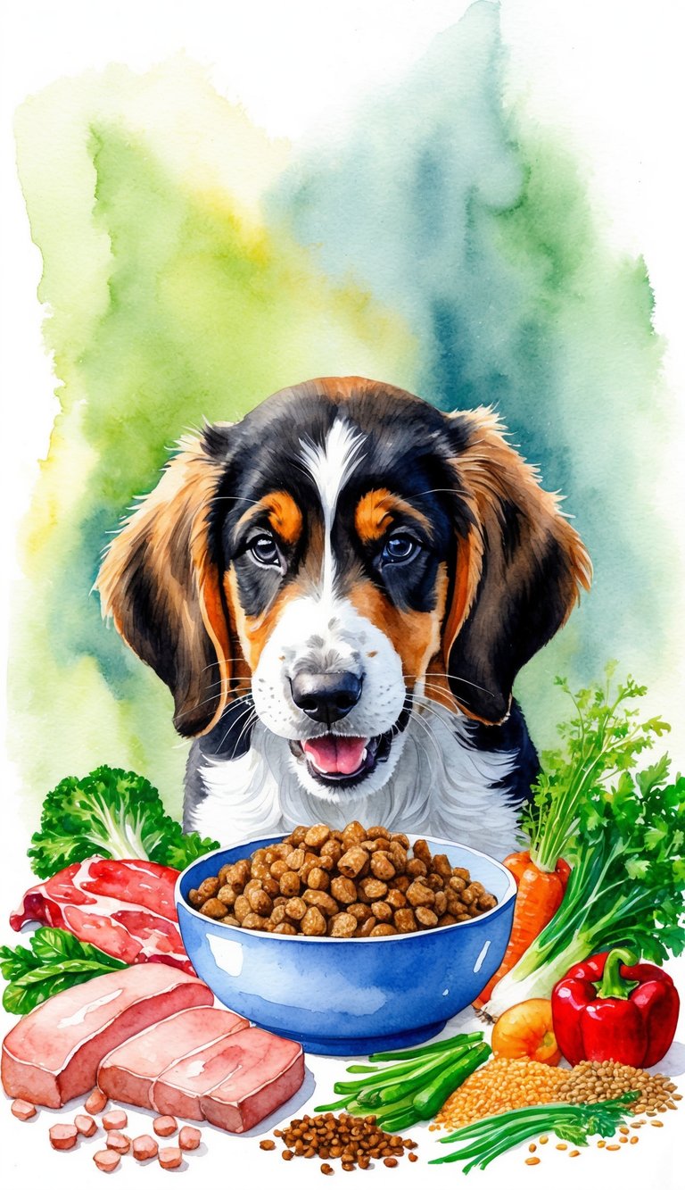 An Afghan Hound puppy eagerly eating a bowl of homemade puppy food, surrounded by fresh ingredients like lean meat, vegetables, and grains