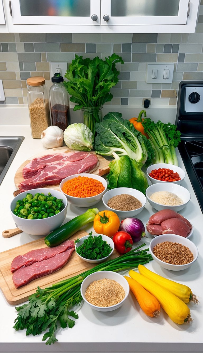 A colorful array of fresh ingredients, including lean meats, vegetables, and grains, laid out on a clean kitchen counter, ready to be prepared into a nutritious meal for a growing Afghan Hound puppy