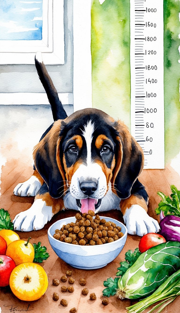A playful Afghan Hound puppy eagerly eats from a bowl of homemade puppy food, surrounded by colorful fruits and vegetables. A growth chart on the wall shows steady progress over time