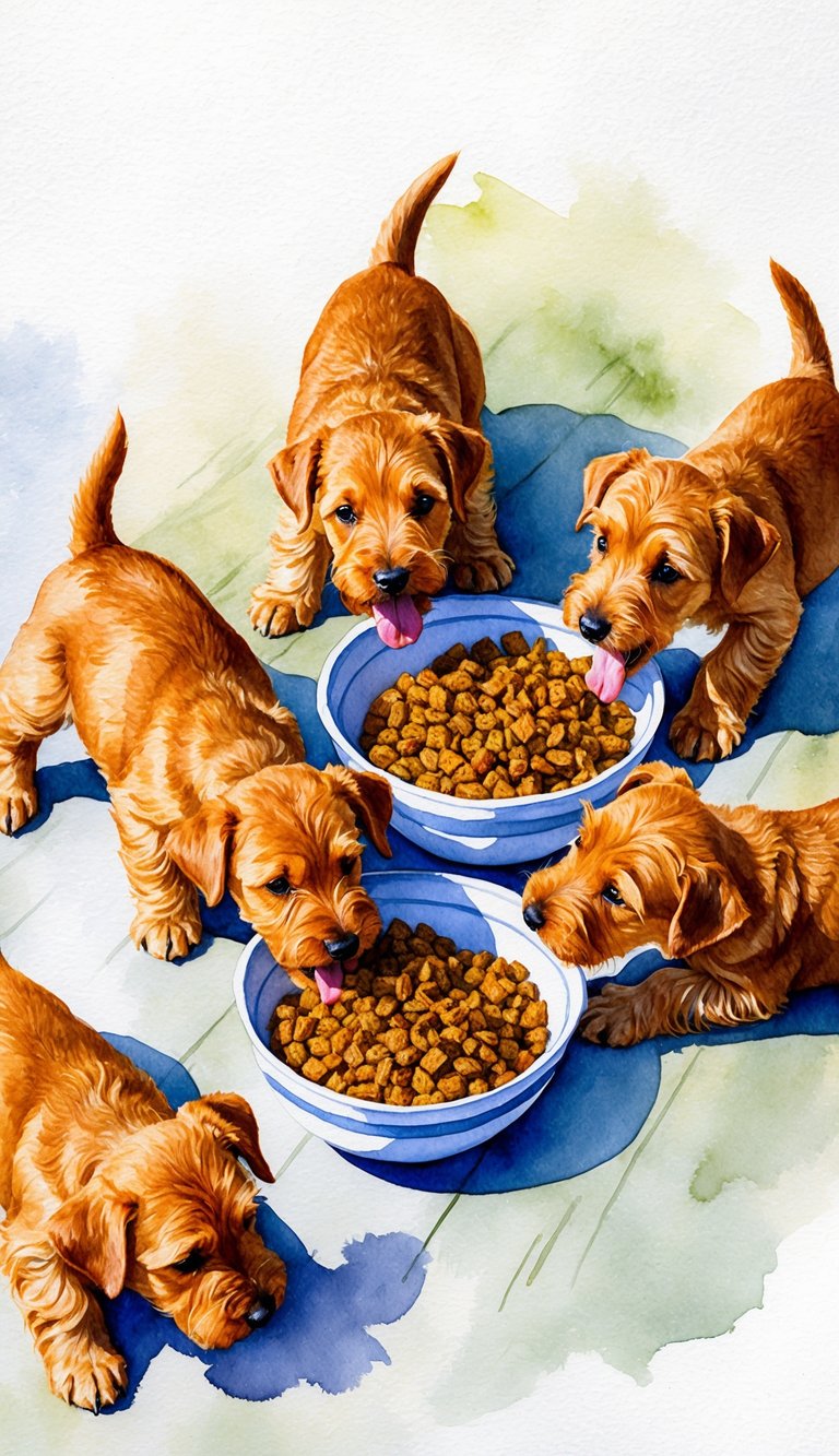 Airedale Terrier puppies eagerly devouring bowls of homemade puppy food
