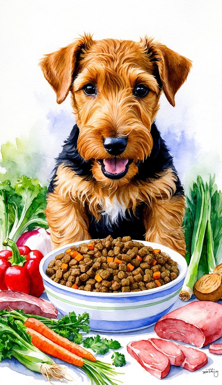 An Airedale Terrier puppy eagerly eats from a bowl filled with homemade puppy food, surrounded by essential nutrition items like fresh vegetables and lean meat