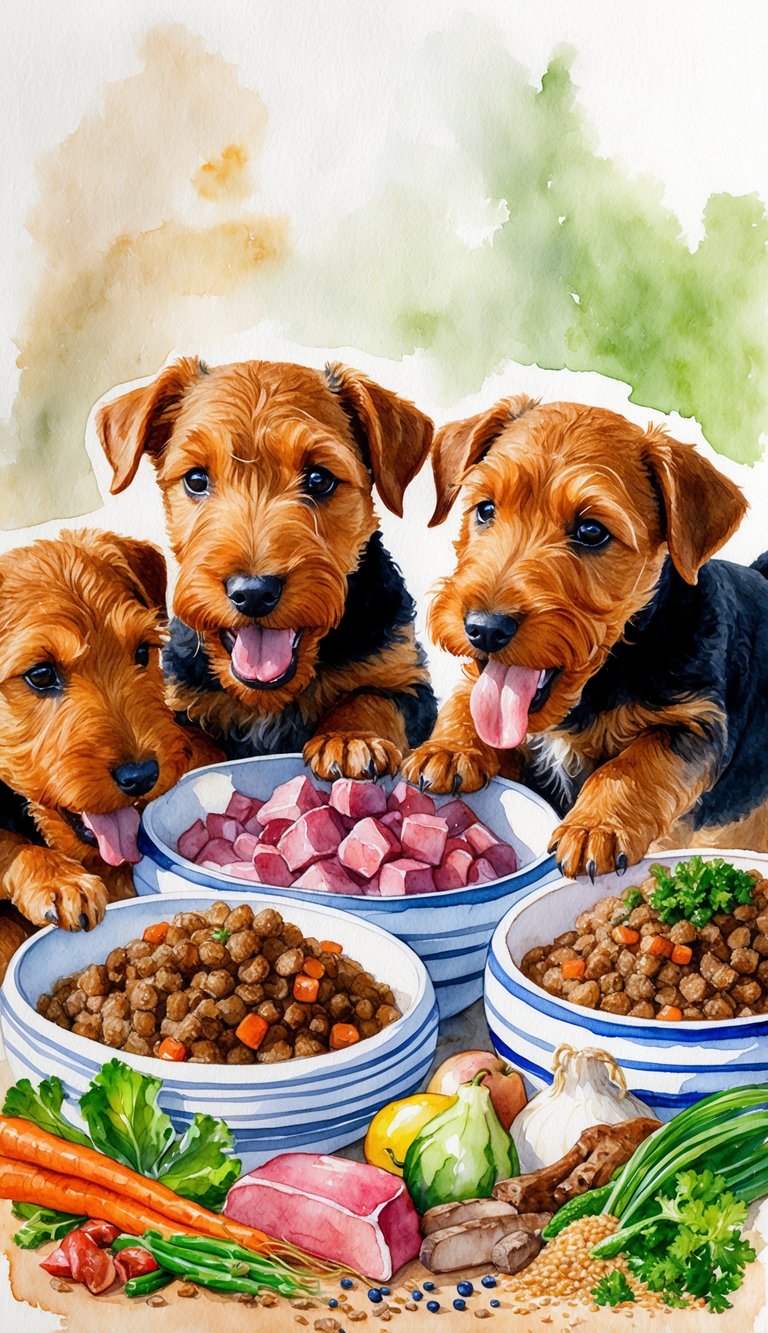 Airedale Terrier puppies eagerly eating from bowls of homemade puppy food, surrounded by fresh ingredients like meat, vegetables, and grains