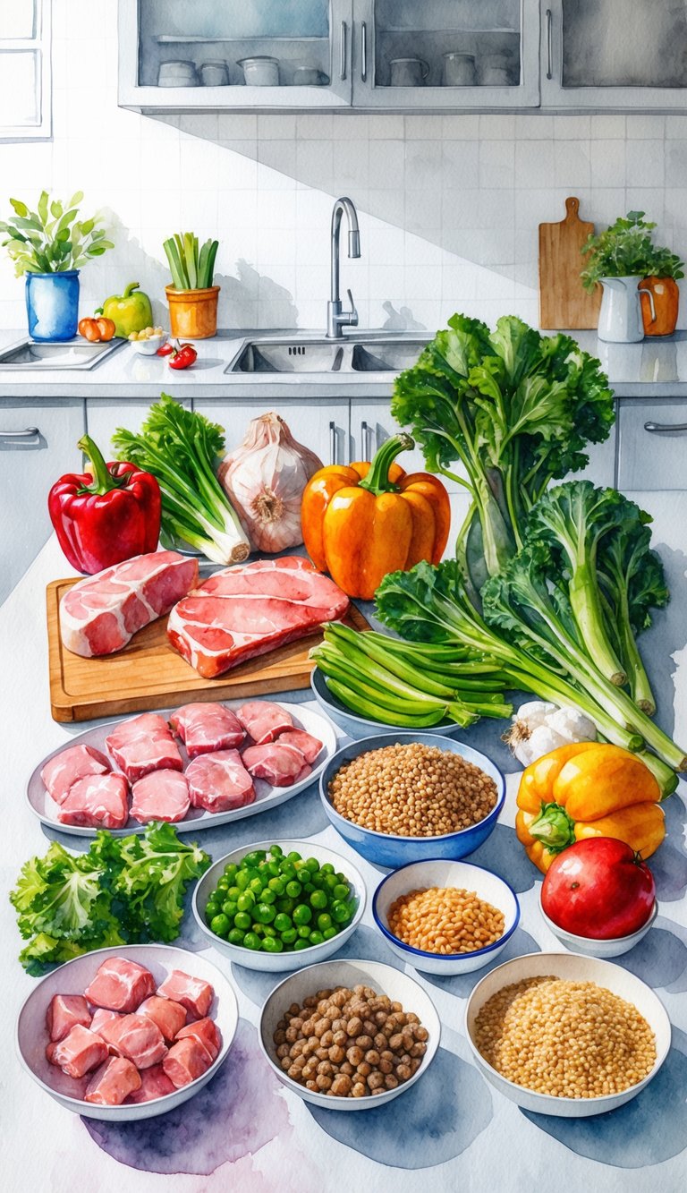 A colorful array of fresh ingredients, including lean meats, vegetables, and grains, arranged on a clean kitchen counter, ready to be prepared into homemade puppy food for Airedale Terrier puppies