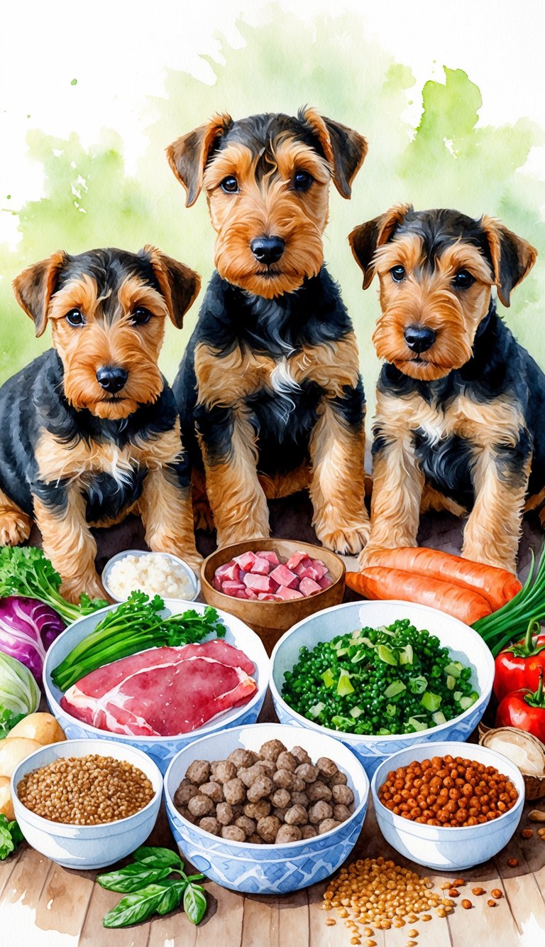 Airedale Terrier puppies surrounded by bowls of balanced homemade food ingredients, including meat, vegetables, and grains