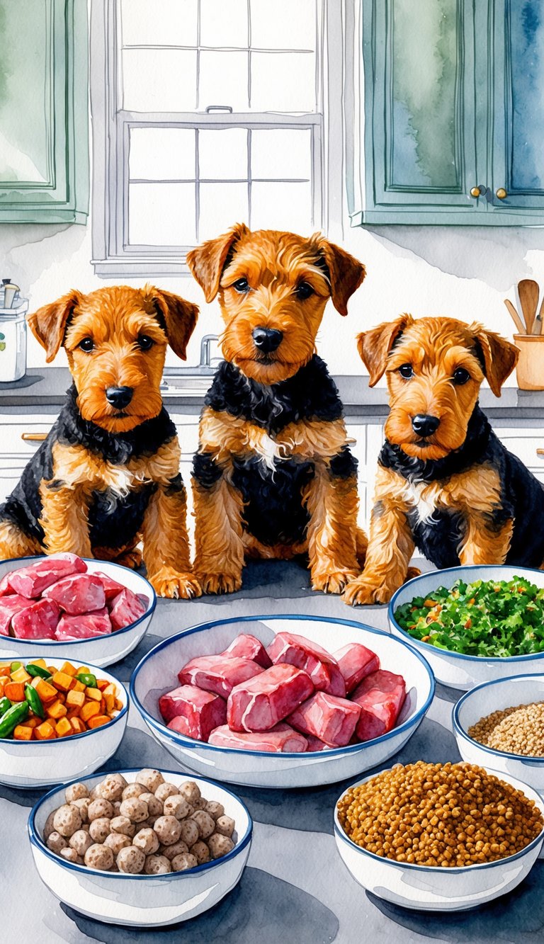 Airedale Terrier puppies surrounded by bowls of homemade puppy food, with ingredients like lean meat, vegetables, and grains on a kitchen counter