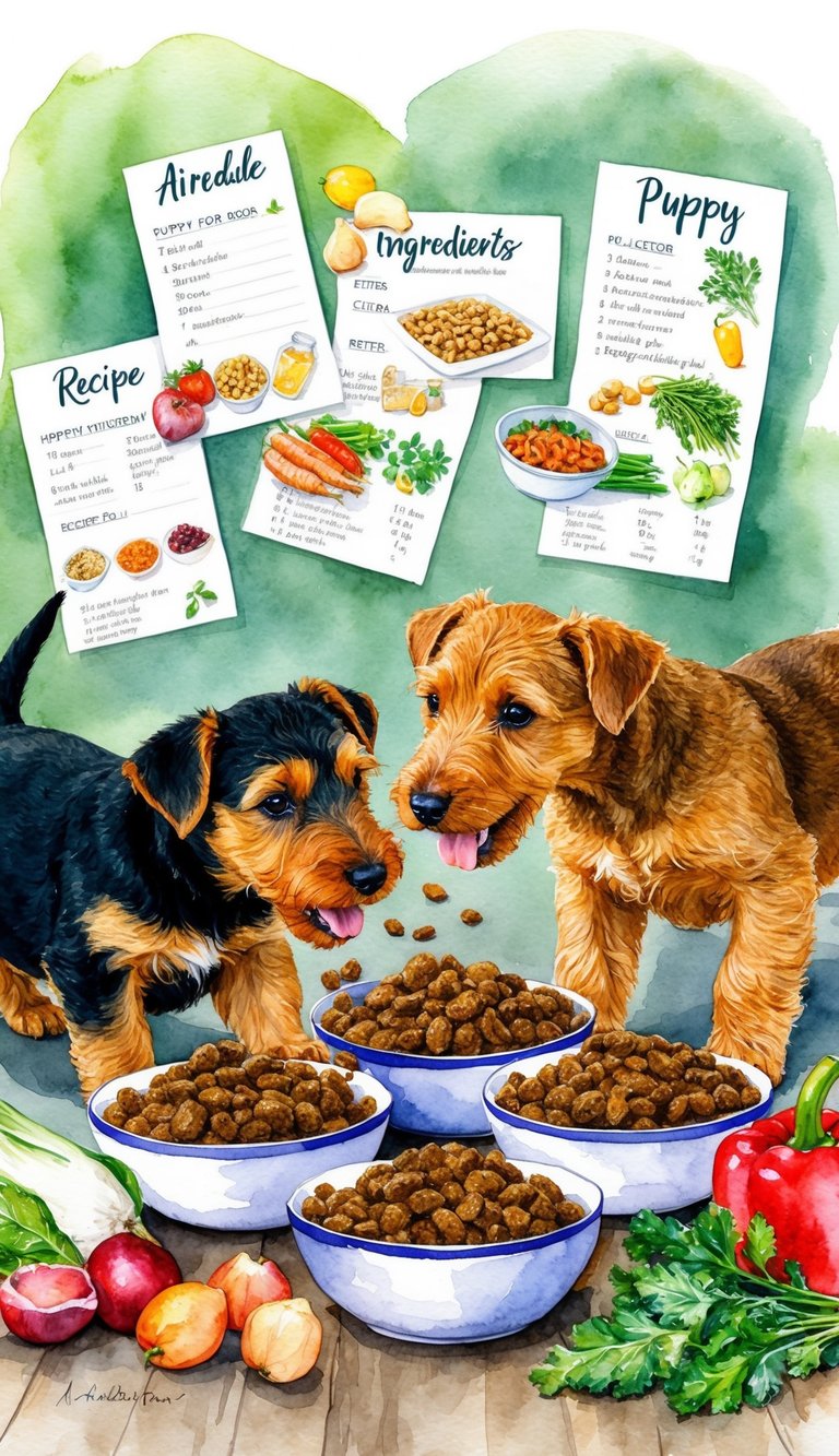 Airedale Terrier puppies eagerly eat from bowls of homemade puppy food, surrounded by fresh ingredients and recipe cards