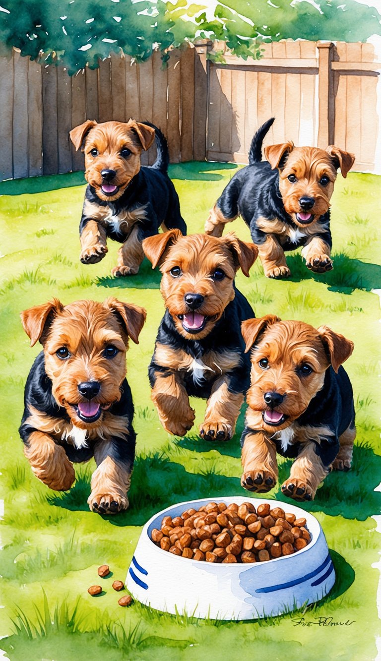 Airedale Terrier puppies playing energetically in a sunny backyard, with shiny coats and bright eyes. A bowl of homemade puppy food sits nearby