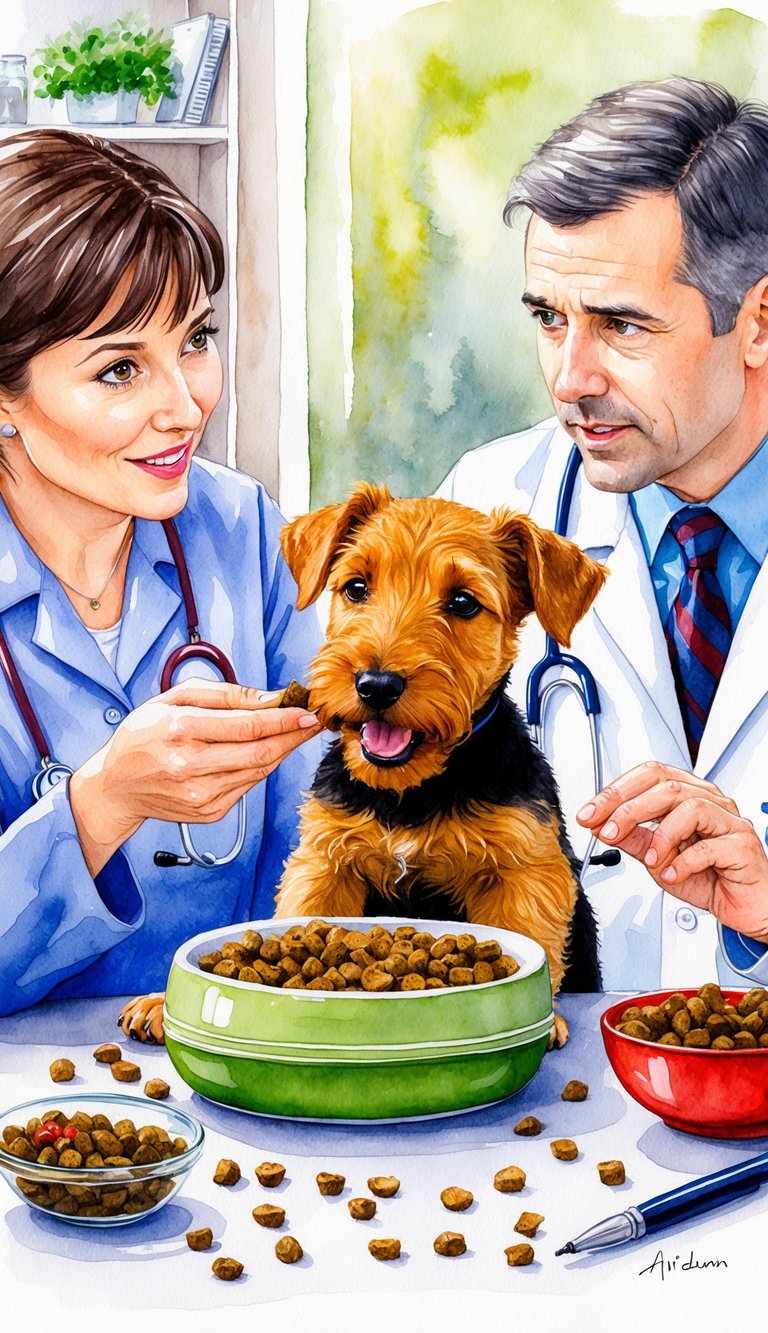An Airedale Terrier puppy eagerly eats from a bowl of homemade puppy food while a concerned owner consults with a veterinarian about the best diet for their growing pet