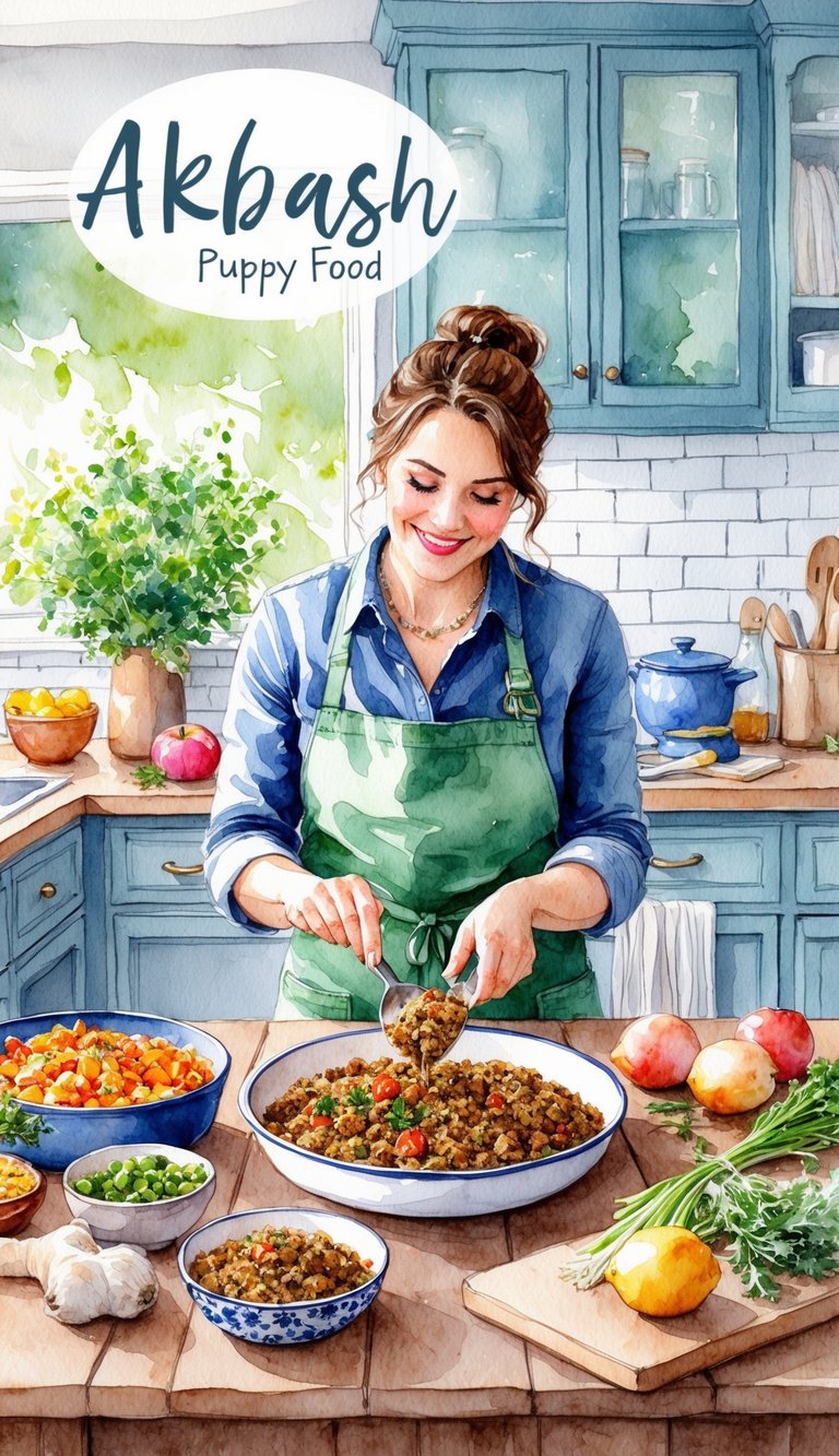 Akbash puppy food being prepared in a cozy kitchen with fresh ingredients and a loving, homemade touch
