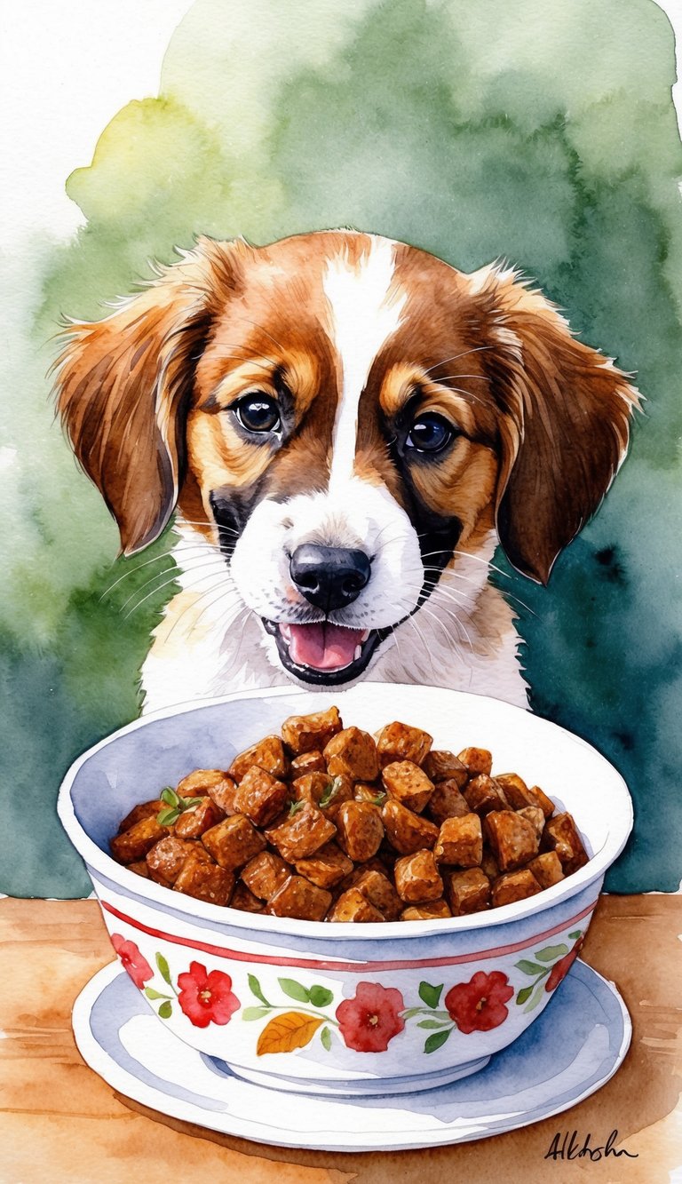 Akbash puppy happily eating homemade food from a bowl