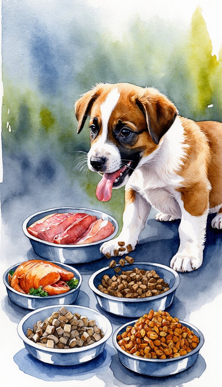 Akbash puppy eagerly choosing from a variety of protein sources for homemade food