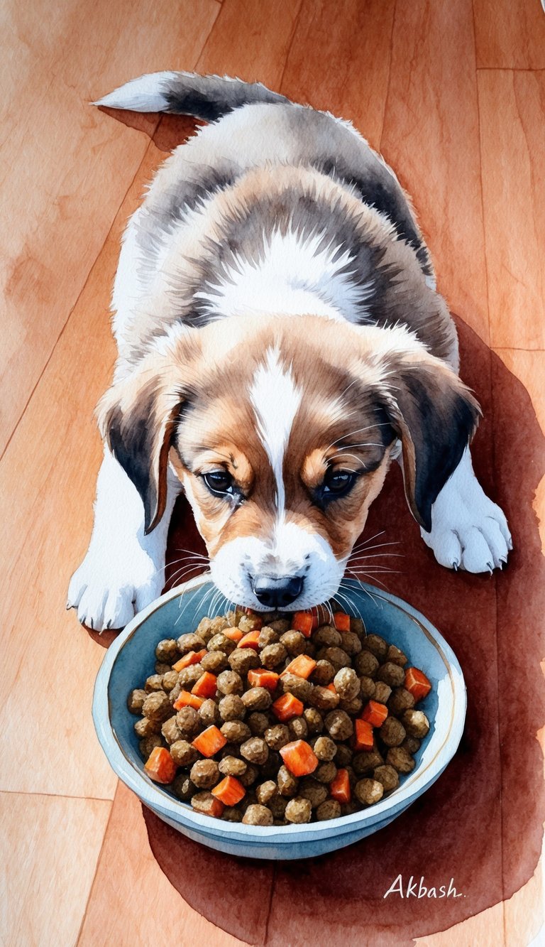 Akbash puppy eating grain-free and gluten-free homemade food from a ceramic bowl on a wooden floor