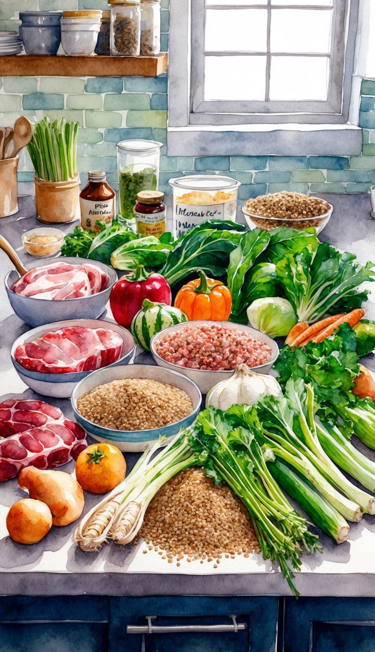 A colorful array of fresh ingredients - meat, vegetables, and grains - arranged on a kitchen counter, ready to be prepared into a balanced homemade puppy food recipe