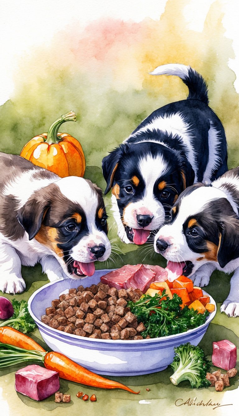 Akbash puppies eagerly devouring a bowl of homemade raw and cooked food, with colorful vegetables and meat chunks scattered around