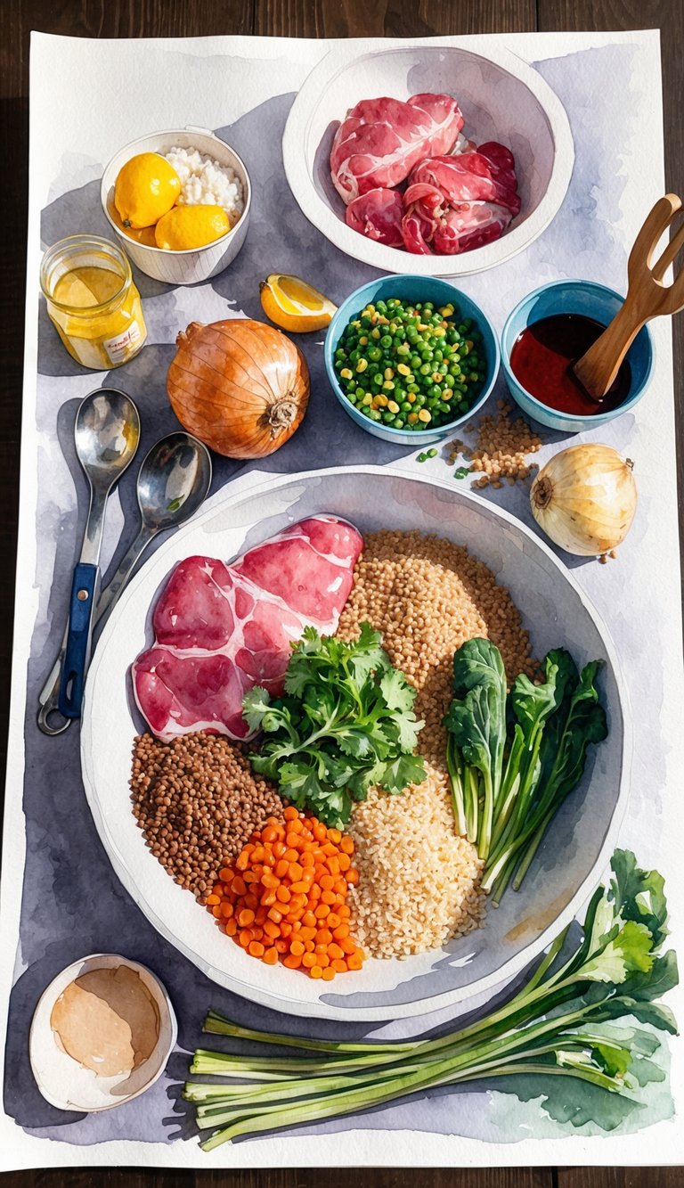A table with various ingredients such as meat, vegetables, and grains, along with a mixing bowl and utensils, all set up for preparing homemade Akbash puppy food