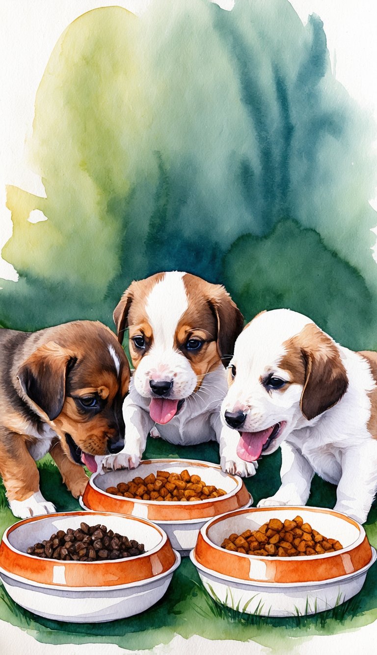 Akbash puppies eagerly eating from homemade food bowls