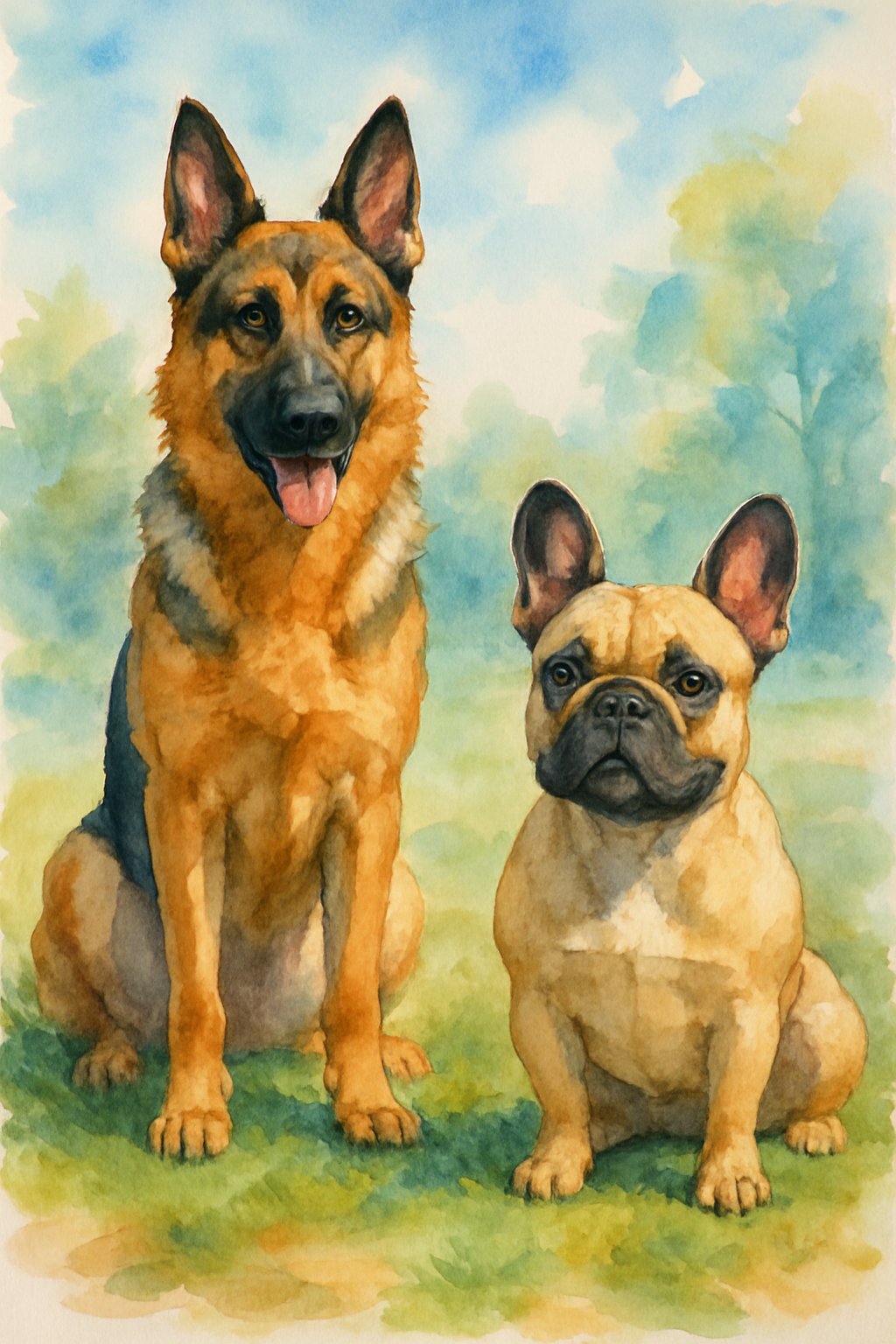 A German Shepherd standing next to a French Bulldog on grass with trees and sky in the background.