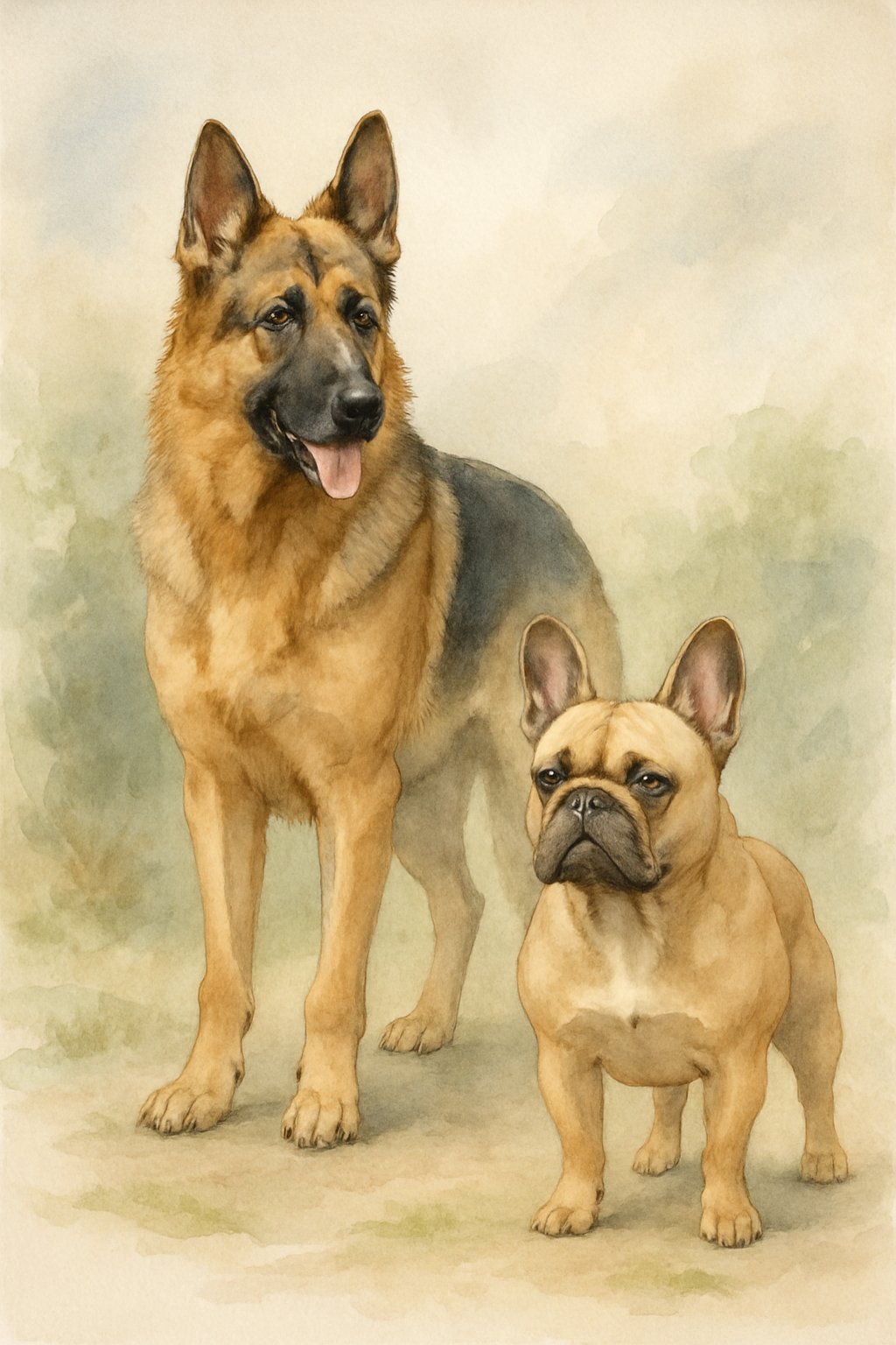 Two dogs standing side by side outdoors: a large German Shepherd with tan and black fur, and a smaller French Bulldog with fawn-colored fur and large ears.