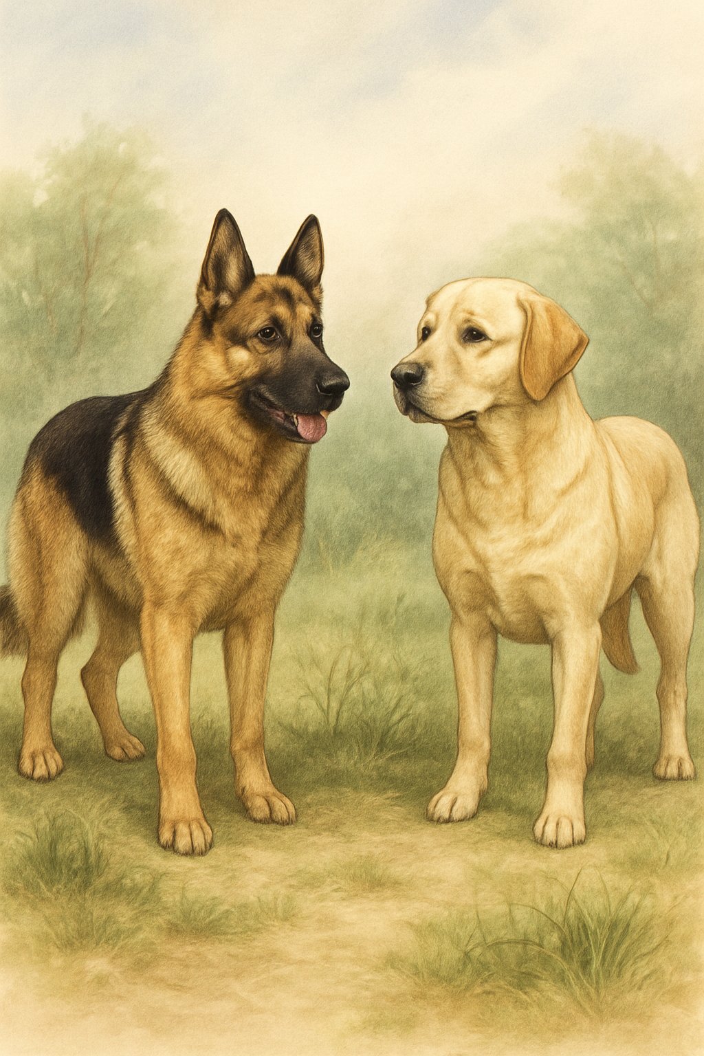 A German Shepherd and a Labrador Retriever standing side by side outdoors, facing each other.