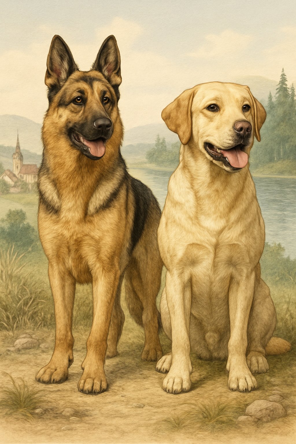 A German Shepherd and a Labrador Retriever standing side by side outdoors with backgrounds representing their breed origins.