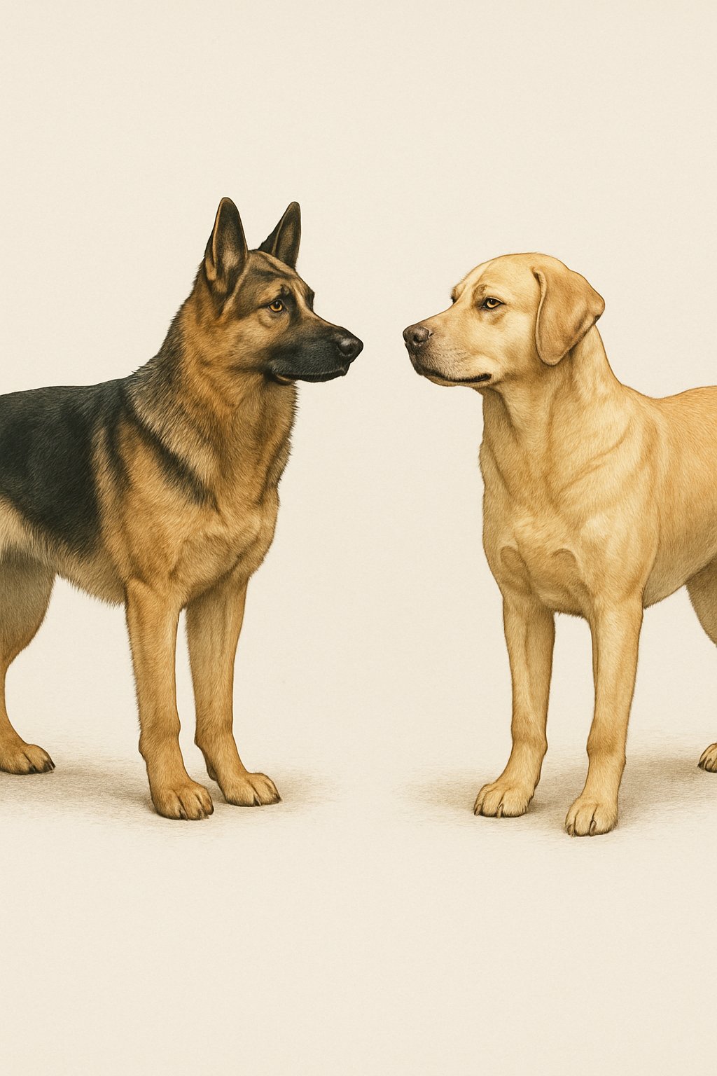 Side-by-side illustration of a German Shepherd and a Labrador Retriever standing and facing forward for a breed comparison.
