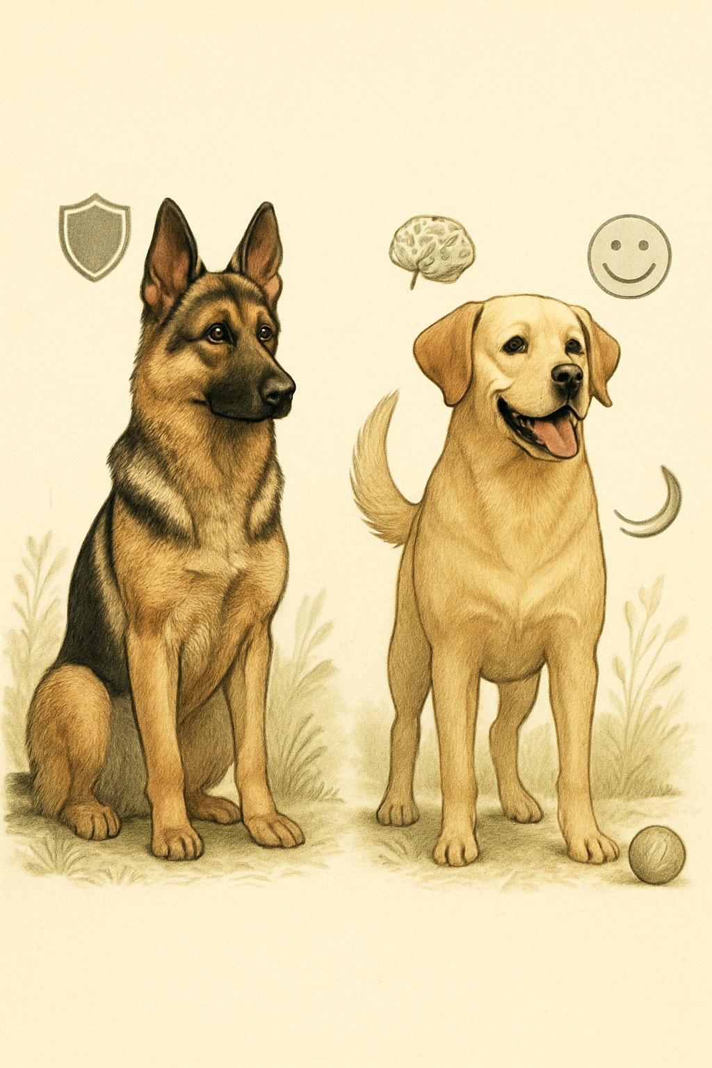 Two dogs side by side outdoors, a German Shepherd looking alert and focused, and a Labrador Retriever appearing friendly and relaxed.