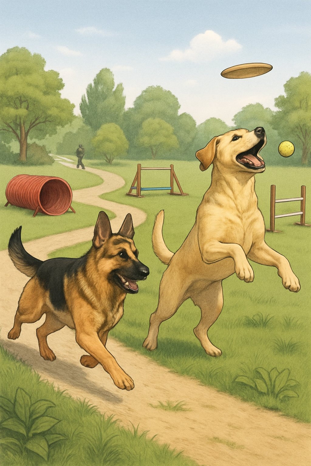 A German Shepherd running and a Labrador Retriever fetching a ball in a park with exercise equipment around them.