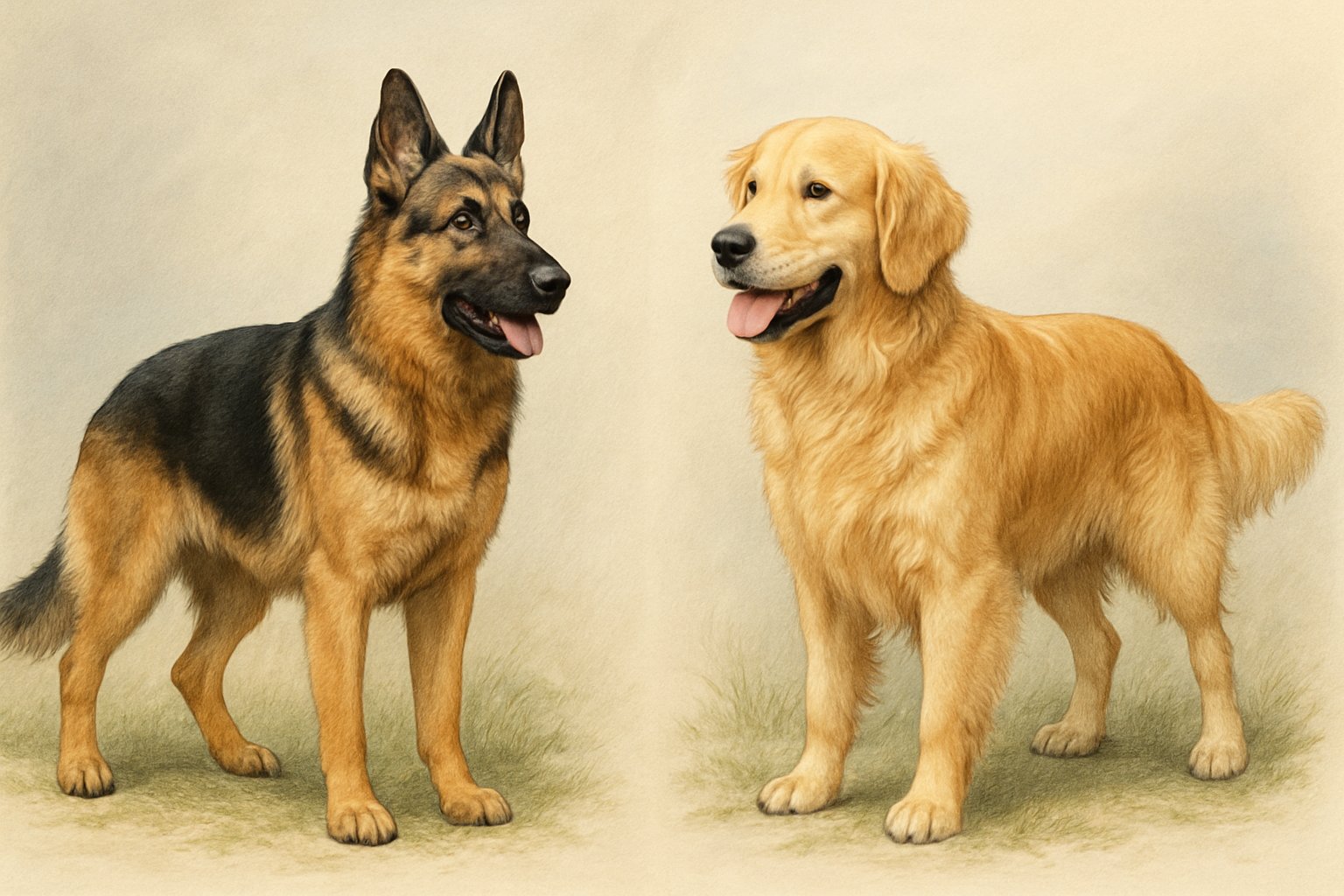 A German Shepherd and a Golden Retriever standing side by side outdoors, showing their different sizes, colors, and features.
