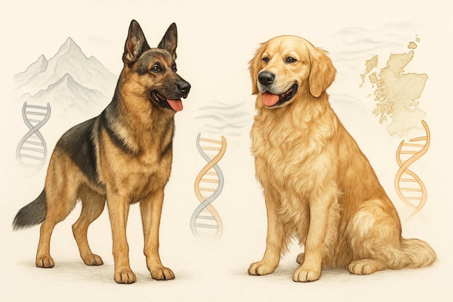 Side-by-side image of a German Shepherd and a Golden Retriever with subtle background elements representing their breed origins and genetics.