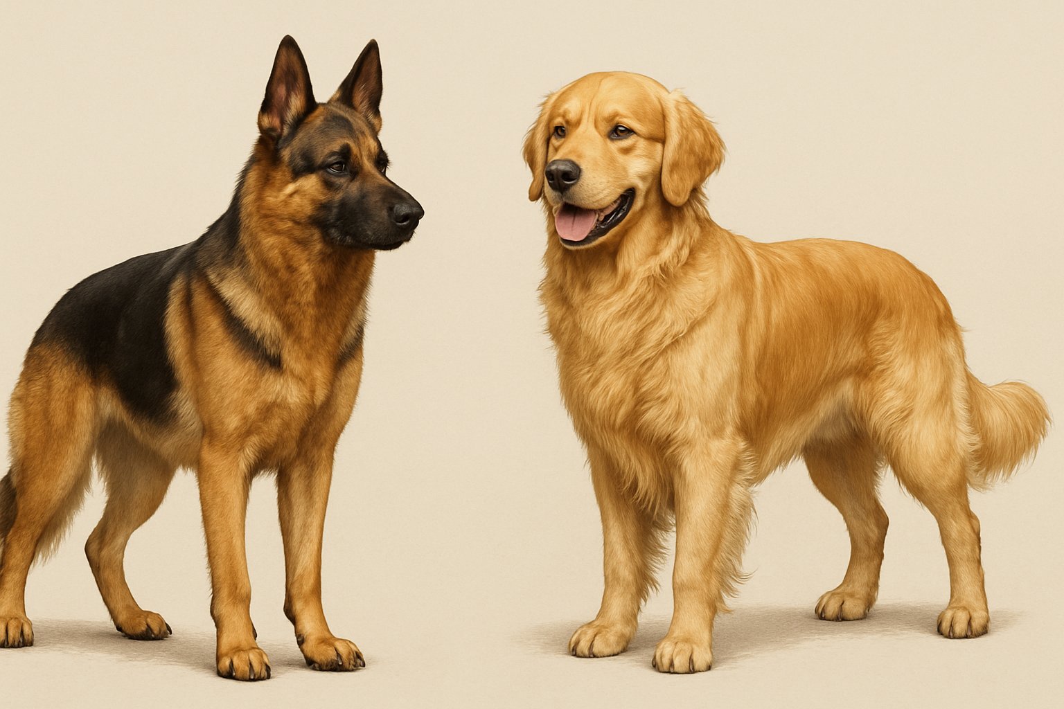 Side-by-side illustration of a German Shepherd and a Golden Retriever standing on a neutral background, showing their distinct physical features.
