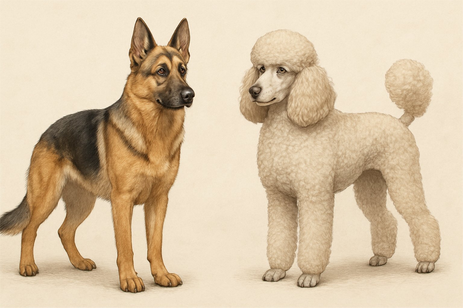 A side-by-side comparison of a German Shepherd and a Poodle standing next to each other, showing their different sizes and coat types.
