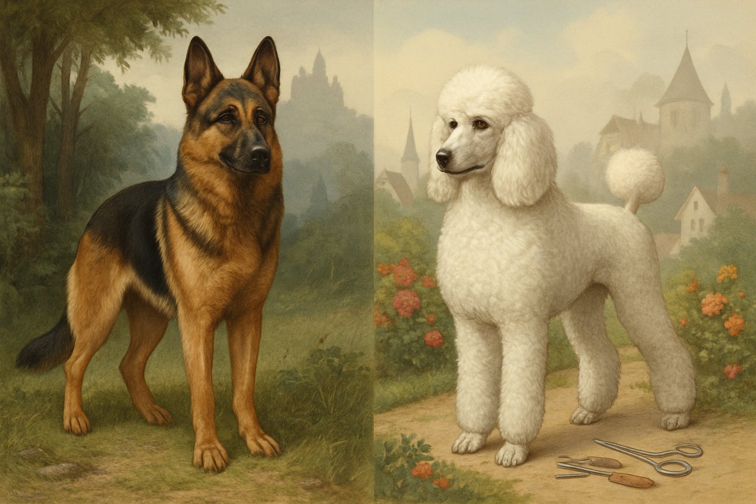 A German Shepherd and a Poodle standing side by side outdoors, showcasing their different appearances and surroundings that hint at their breed origins.