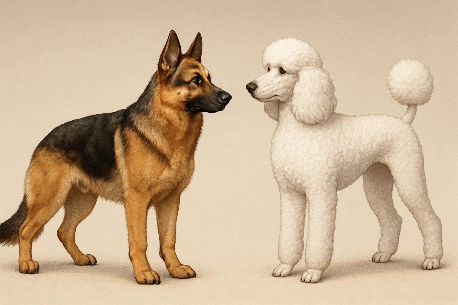 Side-by-side illustration of a German Shepherd and a Poodle standing and facing forward, highlighting their different body shapes and fur textures.