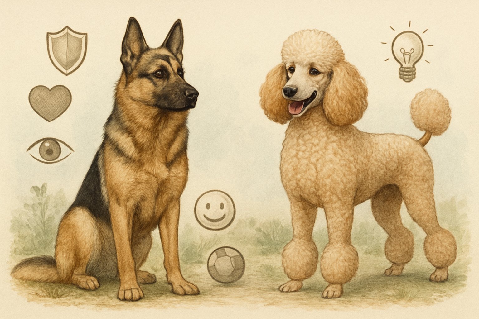 Two dogs standing side by side outdoors: a German Shepherd on the left and a Poodle on the right, each surrounded by symbols representing their personality traits.
